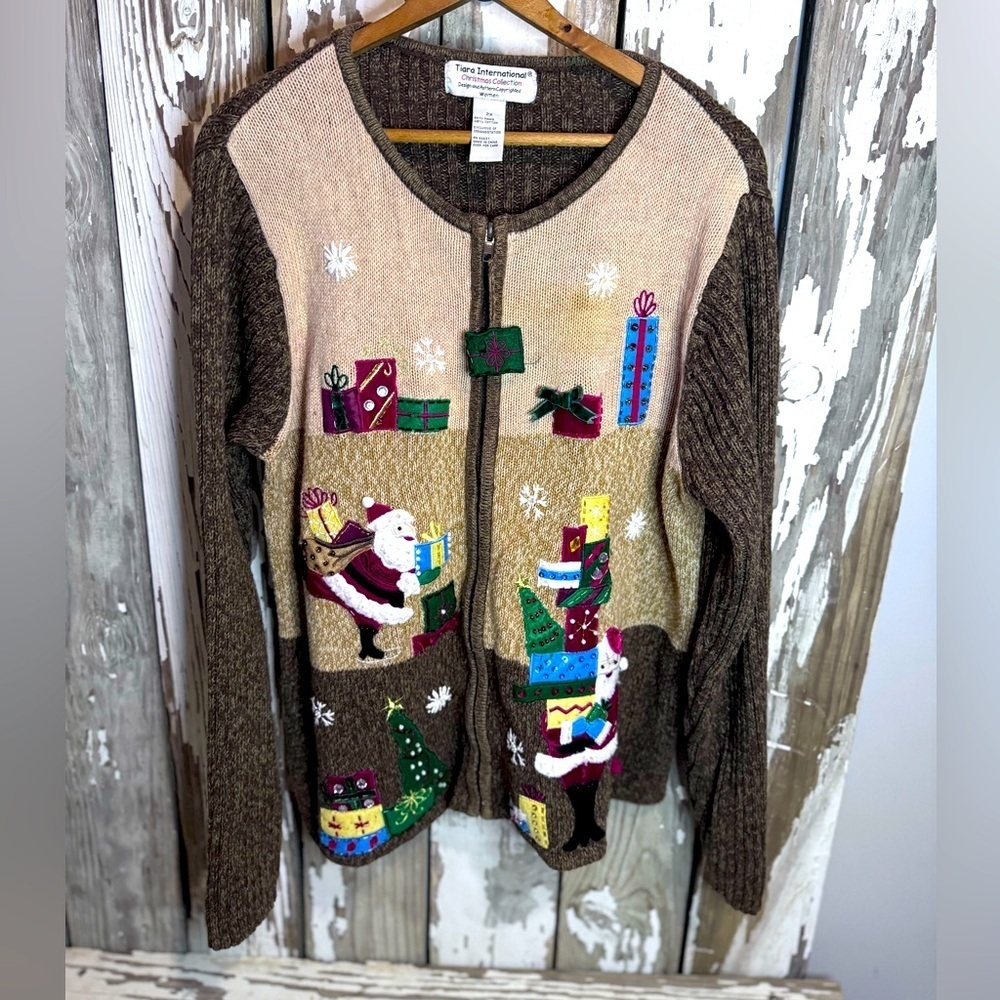 Tiara International Christmas Collection Women 2X Santa Zip Up sweater Read Desc